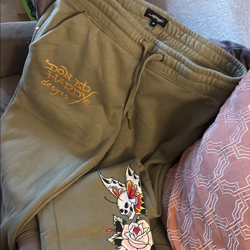 Ed Hardy Olive Joggers with Skull and Rose Design